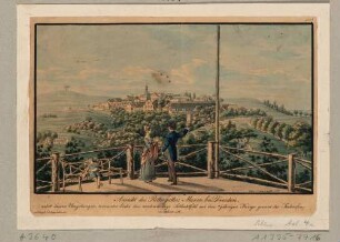 Ortsansicht von Maxen (Müglitztal-Maxen) von Osten mit dem Kirchturm von einer Aussichtsplattform, links der Finckenfang (Schlachtfeld der Schlacht bei Maxen am 20.11.1759 im Siebenjährigen Krieg)
