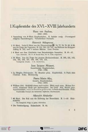I. Kupferstiche des XVI.-XVIII. Jahrhunderts (Nr. 1-816)