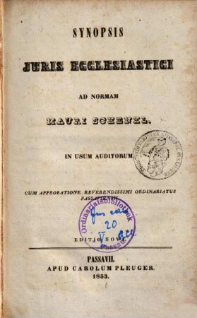 Synopsis iuris ecclesiastici ad normam Mauri Schenkl : in usum auditorum