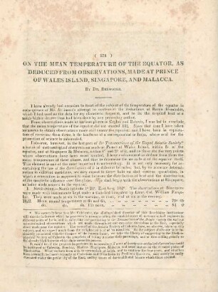 On the mean temperature of the equator, as deduced from observations, made at Prince of Wales Island, Singapore, and Malacca