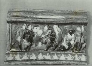 Ofenkachel als Gesimsbekrönung: Joseph wird von seinen Brüdern aus der Grube gezogen