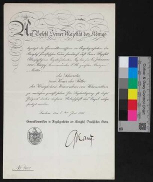 Verleihungsurkunde des Königlichen Hausordens von Hohenzollern an Kpt. Johannes von Karpf