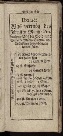 Extract Was vermög des Jüngsten Müntz-Probations-Tag die Gold- und Silberne Müntz-Sorten ...