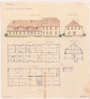 Park am Rittergut Wildberg Herrenhaus: Herrenhaus, Erneuerung des Dachstuhles: Grundrisse Erdgeschoss und Obergeschoss, Schnitt, Vorderansicht, Ansicht linker Giebel 1:100