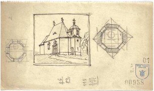 Bestelmeyer, German; Murnau am Staffelsee (Bayern); Ev. Kirche und Pfarrhaus - Außenansicht (Perspektive); Turm (Schnitte)