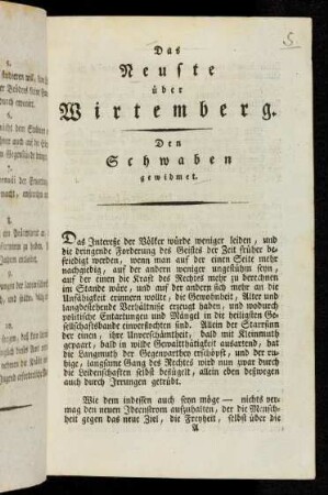Das neuste über Wirtemberg : den Schwaben gewidmet