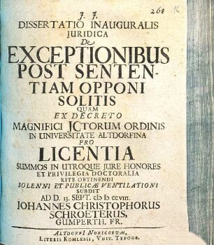 Dissertatio inauguralis iuridica de exceptionibus post sententiam opponi solitis