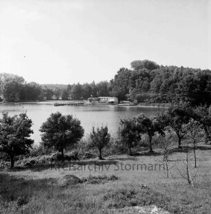 Herrenteich: Ostufer beim Herrenkamp: Wiese, Uferbäume: im Hintergrund Westufer mit Badeanstalt, Weinberg