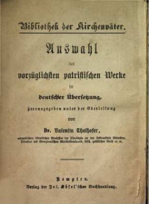 Bibliothek der Kirchenväter : eine Auswahl patristischer Werke in deutscher Übersetzung, 26