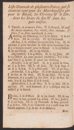 Liste generale de plusieures foires, qui se tiennent tant pour les marchandises que pour le Bêtail, les chevaux & le lin, dans les Etats du Roi & dans les pais voisins