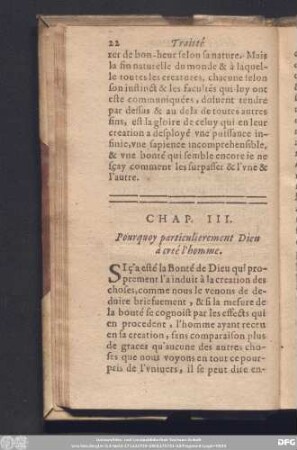 Chap. III. Pourquoy particulierement Dieu à creé l'homme.