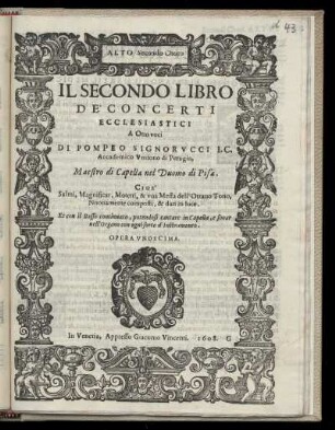 Pompeo Signorucci: Ill secondo libro dei concerti ecclesiastici a otto voci ... Altus Secundo Choro