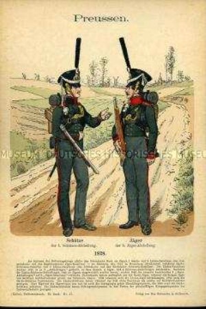 Uniformdarstellung, Schütze und Jäger, Königreich Preußen, 1828.