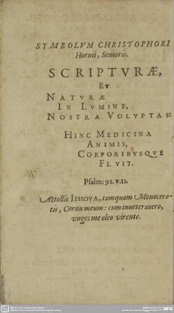 SYMBOLUM CHRISTOPHORI Hornii, Senioris.