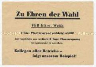 Handzettel mit Wirtschaftspropaganda und Aufruf zur Volkskammerwahl 1958