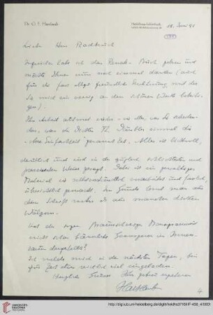 Heid. Hs. 3716 III F - 458,4: Brief von Gustav Friedrich Hartlaub an Gustav Radbruch