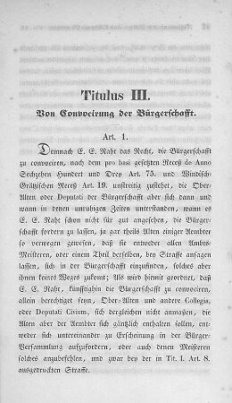 Titulus III. Von Convocirung der Bürgerschafft.