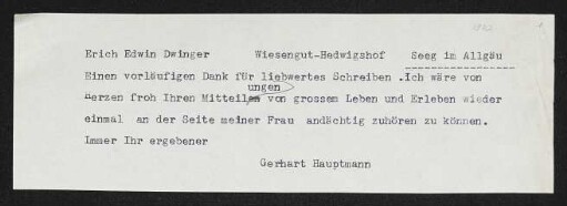 Brief von Gerhart Hauptmann an Edwin Erich Dwinger