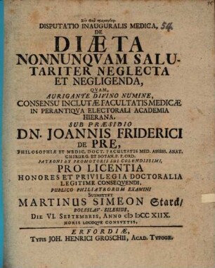 Disputatio Inauguralis Medica, De Diæta Nonnunqvam Salutariter Neglecta Et Negligenda
