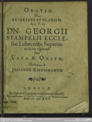 Oratio de Georg. Stampelii vita et obitu