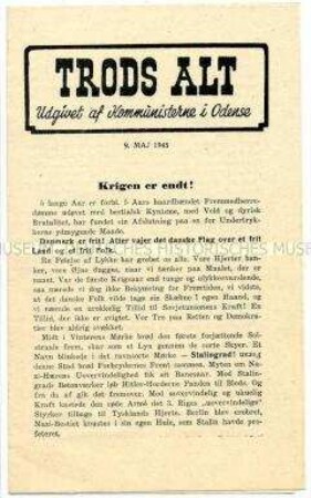 Illegales Informationsblatt der Kommunistischen Partei Dänemarks aus der Zeit der deutschen Besatzung zum Kriegsende