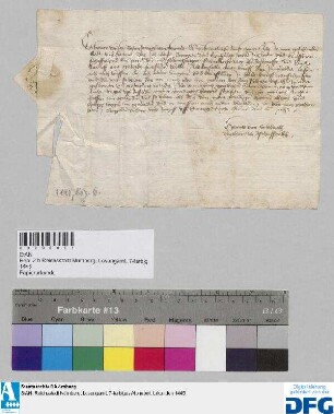 Hanns von Erlebach, Vitztum zu Aschaffenburg, sagt im Auftrage des Erzbischofs von Mainz für die Nürnberger Kaufmannschaft zur Frankfurter Herbstmesse Geleite zu.