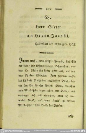 68. Herr Gleim an Herrn Jacobi. Halberstadt den 21sten Febr. 1768