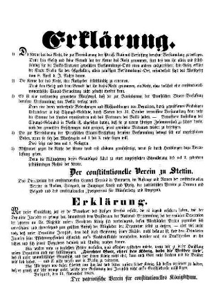 Erklärung. 1) Die Krone hat das Recht, die zur Vereinbarung der Preuß[ischen] National-Verfassung berufene Versammlung zu verlegen.