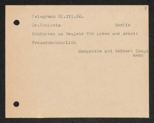 Brief von Gerhart Hauptmann und Margarete Hauptmann an Hans Thalheim