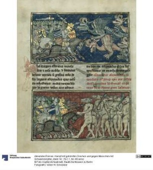 Alexander-Roman. Kampf mit gehörnten Drachen und gegen Menschen mit Schweinsköpfen