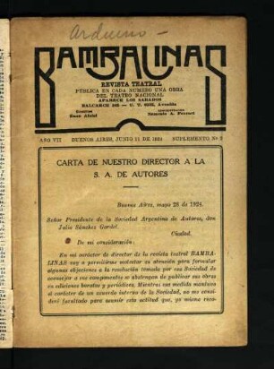 Carta de nuestro director a la S[ociedad] A[rgentina] de autores