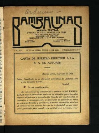 Carta de nuestro director a la S[ociedad] A[rgentina] de autores