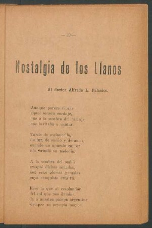 Nostalgia de los Llanos : Al doctor Alfredo L. Palacios