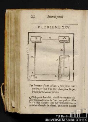 Probleme XXV. Par le moyen d'vne Cisterne, faire fortir continuellement l'eau d'vn puits, sans force & sans le ministere d'aucune pompe.
