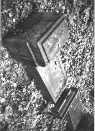 Grabstein 1369 (Index: 99900299) Material: Sandstein Zustand: völlig verwittert, Sockel gespalten, Stele liegt Maße HxBxT: 93x65x37 cm Beschreibung: aufgesockelte Stele mit Dachaufsatz, Schriftfeld mit Rundbogenfries, vom Sockel gestürzt, Sockel gespalten Symbolik: Rundbogenfries: Grabstein 1369