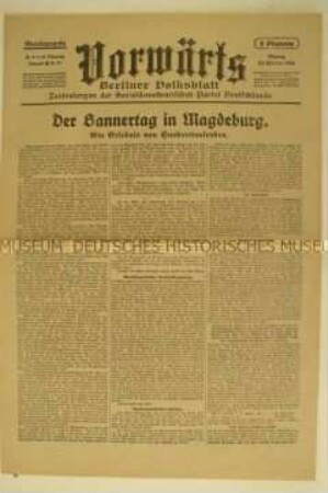 Fragment des Zentralorgans der SPD "Vorwärts" zum "Reichsbannertag" in Magdeburg