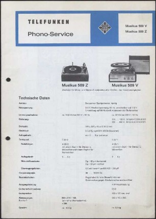 Bedienungsanleitung: Telefunken Phono-Service für Musikus 509 V und Musikus 509 Z