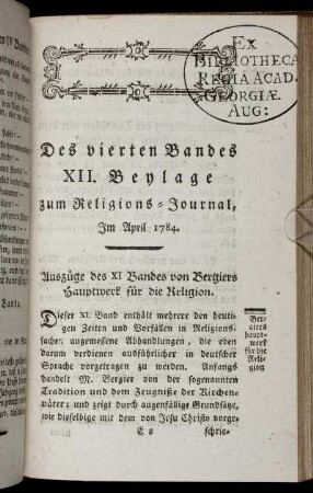 Des vierten Bandes XII. Beylage zum Religions-Journal, Im April 1784