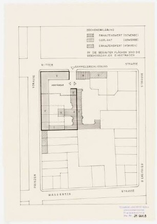 Sanierung Kreuzberg, Berlin Untersuchungen und Planungen von Werner March: Mappe Kreuzberg. Block 64, Lageplan, Erhaltungswerte und geplante Bausubstanz, 1:10000