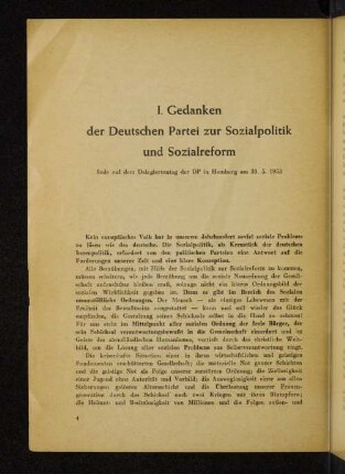 I. Gedanken der Deutschen Partei zur Sozialpolitik und Sozialreform