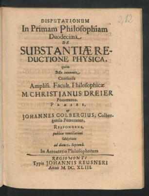 Disputationum In Primam Philosophiam Duodecima De Substantiae Reductione Physica