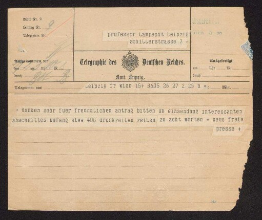 Telegramm an Professor [Karl] Lamprecht in Leipzig, Schillerstrasse 7
