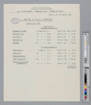 Abrechnung für Juli 1924 an Ida Dehmel
