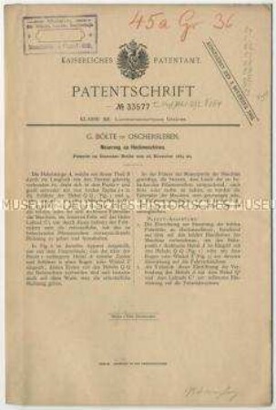 Patentschrift einer Neuerung an Hackmaschinen, Patent-Nr. 33577
