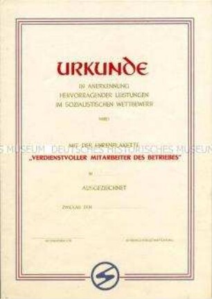 Urkunde zur Ehrenplakette "Verdienstvoller Mitarbeiter des Betriebes" (blanko)