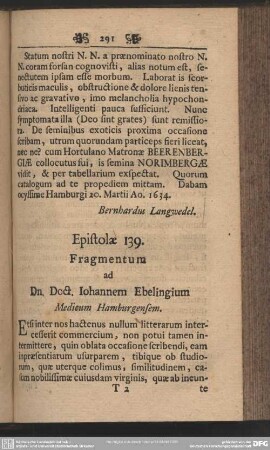 Epistolae 139. Fragmentum ad Dn. Doct. Iohannem Ebelingium Medicum Hamburgensem