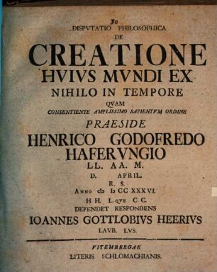 Disp. philos. de creatione huius mundi ex nihilo in tempore