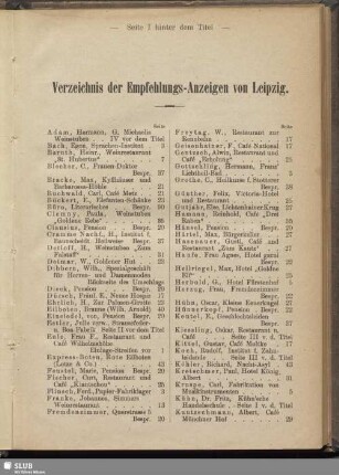 Verzeichnis der Empfehlungs-Anzeigen von Leipzig