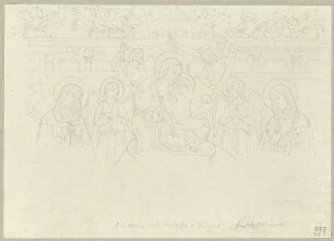 Thronende Maria mit dem Jesuskind zwischen Engeln und zwei weiblichen Heiligen, nach einem Fresko von Pierantonio Mezzastris über einer Tür des Klosters Sant' Anna in Foligno