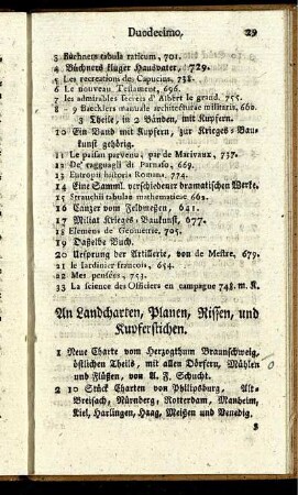 An Landcharten, Planen, Riffen, und Kupferstichen.